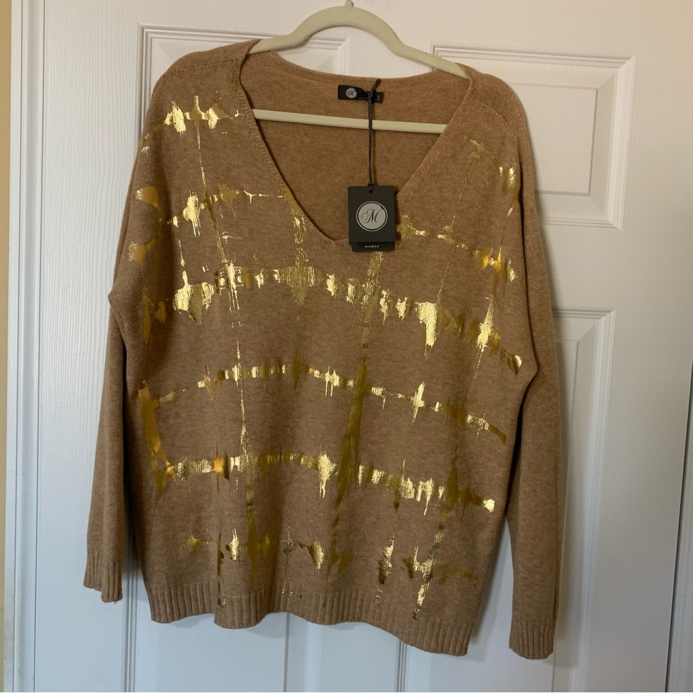 M‎ Made in Italy Brown V-Neck Sweater with Gold Accents